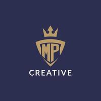 MP logo with shield and crown, monogram initial logo style vector