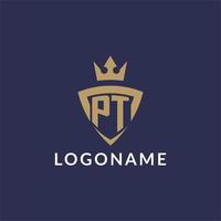 PT logo with shield and crown, monogram initial logo style vector