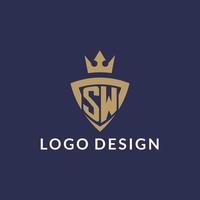 SW logo with shield and crown, monogram initial logo style vector