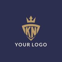 KN logo with shield and crown, monogram initial logo style vector