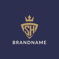 SH logo with shield and crown, monogram initial logo style vector