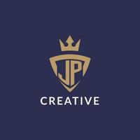 JP logo with shield and crown, monogram initial logo style vector