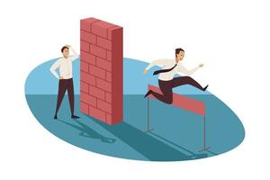 Business, career, goal achievement concept. Thoughtful businessman clerk character standing in front of brick wall another manager jumping over obstacle moving forward. Successful trouble avoidance. vector