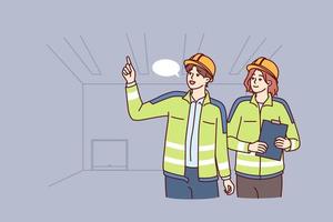 Two industrial room engineers discussing production process and how to repair equipment. Man and woman engineers in construction uniforms and safety helmets hold meetings in unfinished building vector