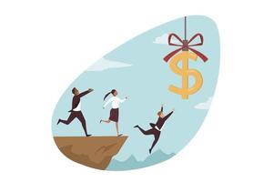 Business failure, bankruptcy, money concept. Team of businessmen woman clerks managers cartoon characters running chasing after flying dollar sign falling in gap from hill. Easy cash trap illustration vector