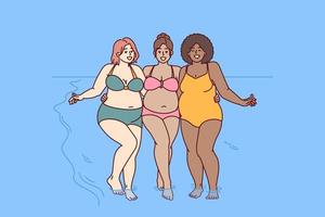 Cheerful plus size women dressed in swimsuit stand hugging on sunny beach near sea water and look at camera smiling. Diverse plus size girls for concept of no prejudice and body positivity vector