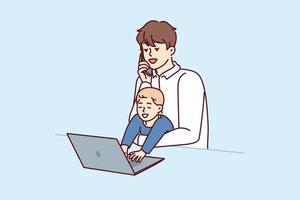 Young father freelancer with baby in arms works with laptop and makes phone call during quarantine restrictions. Father with little boy does remote work and is raising son at same time vector