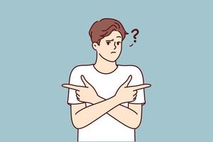 Puzzled man pointing fingers in different directions doubtful trying to accept difficult decision with unknown consequences. Puzzled guy is wondering what to make choice between two options vector