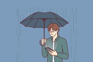 Sad man with umbrella stands in rain and reads SMS in mobile phone from girlfriend who refused to come on date. Concept of autumn depression due to bad weather and weather sensitivity vector