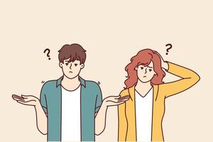 Doubting man and woman shrug hands and touch heads, sign of absence of solution to problem. Doubtful couple of guy and girl experiencing embarrassment do not understand what is happening vector