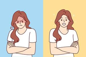 Two emotionally opposite women are sad or happy for concept of bipolar disorder affecting mood. Cheerful and unhappy girl before and after taking antidepressants or mood improving vitamin vector