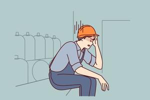 Tired man working in factory sits near production equipment holding head because of nervous job. Nervous factory worker in safety helmet needs psychological support due to poor working conditions vector