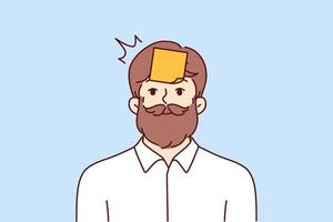 Hipster man with sticky notes on forehead looking at camera smiling. Hipster guy with mustache and beard tries to guess what is written on sticker playing with colleagues or friends vector