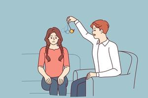 Man psychotherapist hypnotizes woman patient using pendulum to solve psychological problems in subconscious. Guy hypnotizes girl to take advantage unconscious state or remove information from memory vector