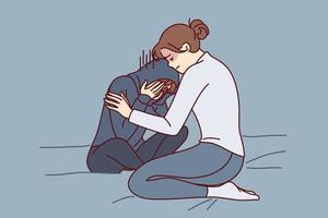 Mother consoles crying daughter who is depressed due to peer problems or poor school performance. Caring woman hugging and consoles crying girl after argument or house arrest related to bad behavior vector