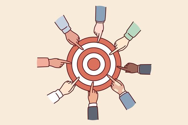 Hands of diverse people near target for concept of collaboration for solving joint task and teamwork in business. Achieving set goals to gain strategic advantages and leadership over competitors 23019866 Vector Art