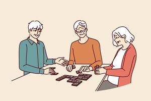 Elderly people play dominoes undergoing rehab at nursing home or having sunday get-together with friends. Men and women are sitting at table enjoying game of dominoes with former colleagues vector