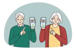 Smiling elderly man and woman show vaccination certificate on phone vector