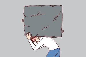 Suffering man carries heavy stone on back, symbolizing heavy tax burden and overly ambitious task. Concept of solving business problems and complexity of working as manager in large corporation vector