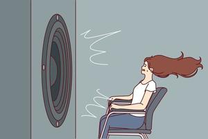 Deafened woman near giant subwoofer from music center listening to loud rhythmic track with bass sitting in chair. Subwoofer with round speaker produces loud sound waves for girl who loves rock songs vector