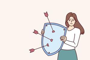 Disgruntled woman with shield defends herself from harassment and annoying advances or inappropriate compliments. Cupid arrows symbolize attempts to seduce girl upset after sexual harassment vector