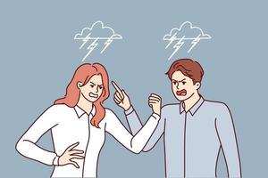 Quarrel between man and woman angrily screaming and pointing fingers towards interlocutor. Two colleagues during quarrel related to problems at work or conflict in their personal lives vector