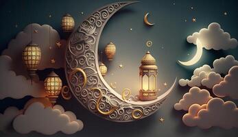 Ramadan Kareem background with crescent moon, clouds and lanterns, photo