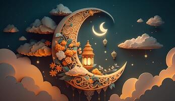 Ramadan Kareem background with crescent moon, clouds and lanterns, photo