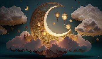 Ramadan Kareem background with crescent moon, clouds and lanterns, photo