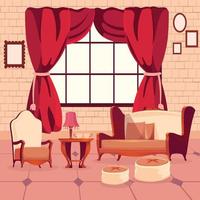 un dibujos animados dibujo de un vivo habitación con un rojo cortina y un ventana con un imagen de un sofá y un lámpara. vector