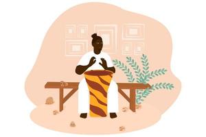 An African man sits and plays the jamb.Festival music. vector