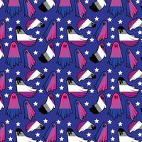 Bisexual And Asexual Ghosts Pride Seamless Pattern, IsIolated On Violet Background, Vector Printing For Fabrics, Wallpaper, LGBT Rights