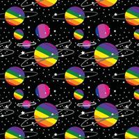 Rainbow Planets Seamless Vector Pattern, Isolated On Black Background, Pride Design With Stars, Good For Wrapping, Wallpaper, Fabric