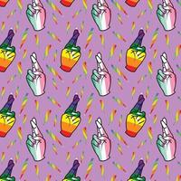 Colorful Rainbow Seamless Vector Pattern, Pride Hand Signs With Thunder Icons, Abrosexual LGBT Design On Pink Background