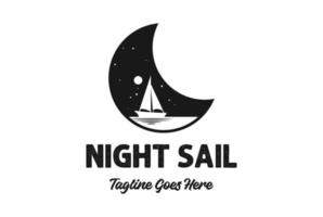 Vintage Retro Night Crescent Moon Ocean Nautical Sail Boat Ship Logo Design vector