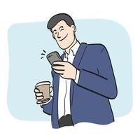 línea Arte empresario utilizando teléfono inteligente y participación para llevar caliente café taza ilustración vector mano dibujado aislado en blanco antecedentes