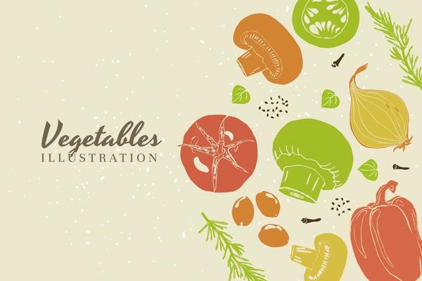 Vegetables illustration hand drawn retro colors style