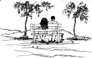 Sketch of a couple sitting on the park vector