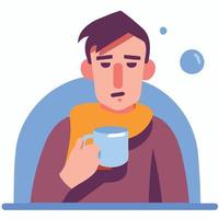 sick man with flu with scarf and cup vector