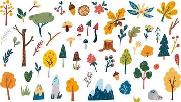 Forest plants clipart collection. Wild botanical set. Hand drawn woodland trees, herbs, mushrooms, flowers, branches, berries, leaves. Coniferous and deciduous. Vector cartoon illustration.