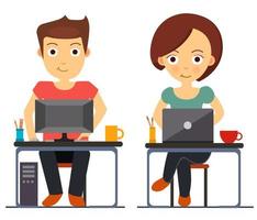 Business man and woman working at the computer and laptop vector illustration in flat style, isolated on white background.  Boy and girl sitting on chair in front of monitors.