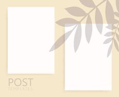 Template for post, stories. White sheet of paper on a light background with a shadow from tropical plants. vector