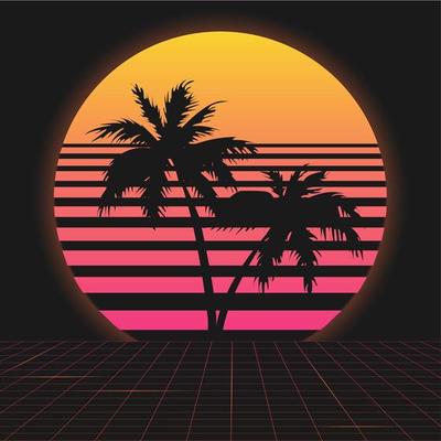 Retro futuristic background 1980s style. Digital palm tree on a cyber ocean in the computer world. Palm trees on the background of sunset .Vector illustration