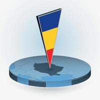 Romania map in round isometric style with triangular 3D flag of Romania vector