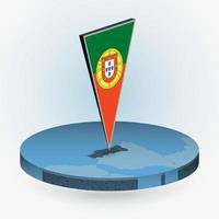 Portugal map in round isometric style with triangular 3D flag of Portugal vector