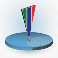 Gambia map in round isometric style with triangular 3D flag of Gambia vector