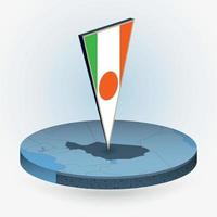 Niger map in round isometric style with triangular 3D flag of Niger vector