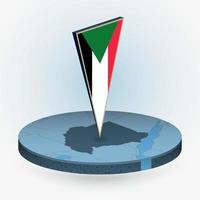 Sudan map in round isometric style with triangular 3D flag of Sudan vector