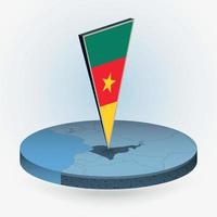 Cameroon map in round isometric style with triangular 3D flag of Cameroon vector