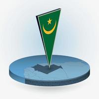 Mauritania map in round isometric style with triangular 3D flag of Mauritania vector